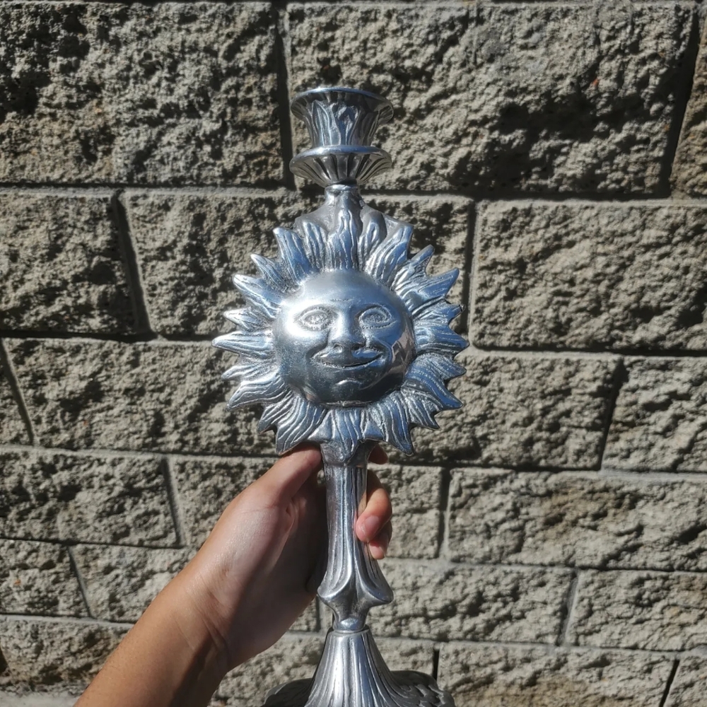 Vintage Pewter Celestial Sun Candlestick Holder